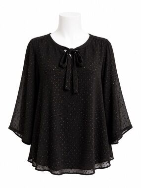 Size 4 Torrid Women’s Peasant Blouse Georgette Metallic Clip Dot Black Sheer Top